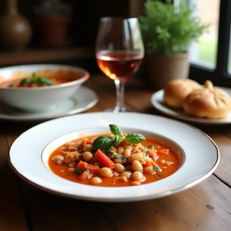 Sopa minestrone esponjosa con alubias blancas y verduras de temporada en un bol de barro, coronada con viché de hierbas frescas y perejil, servida con un hilo de aceite de oliva virgen extra. Receta italiana reconfortante en olla lenta.