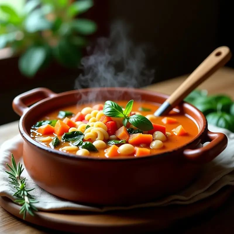 Olla de barro humeante con sopa minestrone espesa, llena de fideos sin gluten, alubias blancas, zanahorias, espinacas y hierbas frescas, servida en un plato hondo rústico sobre una mesa de madera con romero decorativo.