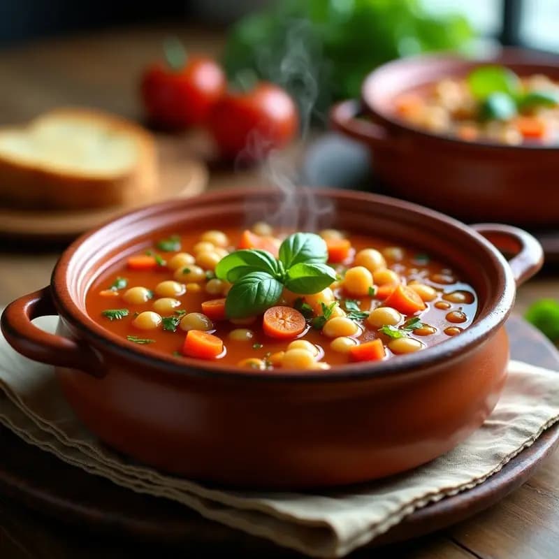 Olla de barro humeante con sopa minestrone espesa, llena de garbanzos dorados, trozos de zanahoria, judías verdes y pasta integral, coronada con hojas frescas de albahaca y un hilo de aceite de oliva virgen extra. Plato rústico de fondo con pan tostado.
