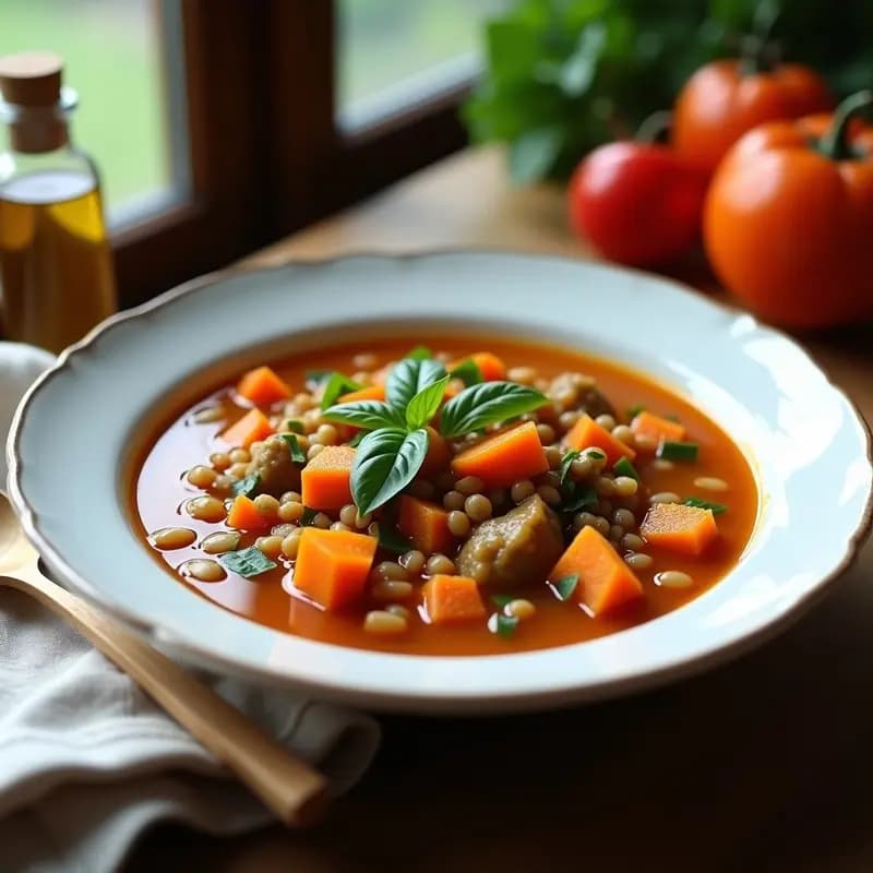 Plato hondo de cerámica blanca con sopa minestrone de lentejas y calabaza con albahaca fresca, caldo espeso de color naranja oscuro, trozos de calabaza asada y lentejas visibles, decorado con pesto verde de albahaca y almendras tostadas, hojas de albahaca fresca y hilo de aceite de oliva virgen extra.