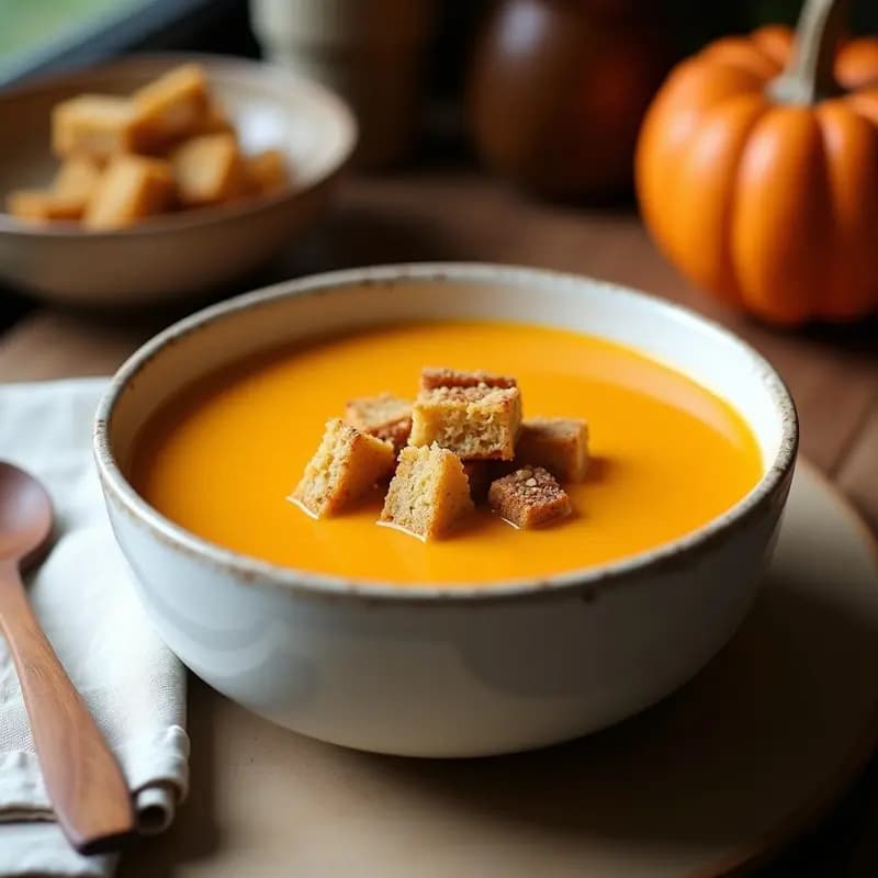 Cuenco de cerámica blanca con sopa cremosa de color naranja intenso, decorada con crutones dorados de pan integral y semillas de girasol tostadas. Fondo rústico con una cuchara de madera y hierbas frescas.