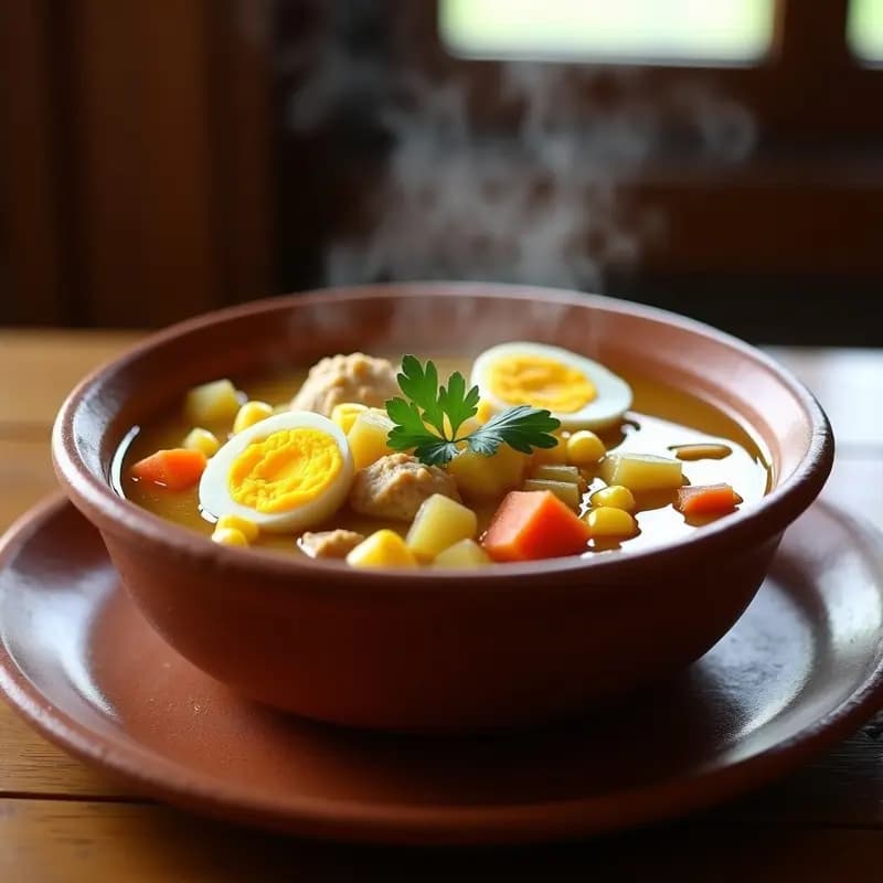 Plato hondo de barro con sopa de miscanto y pollo en olla express, con trozos de pollo, maíz tierno, papa y zanahoria, decorado con huevo duro picado y perejil. Fondos cálidos y textura cremosa.