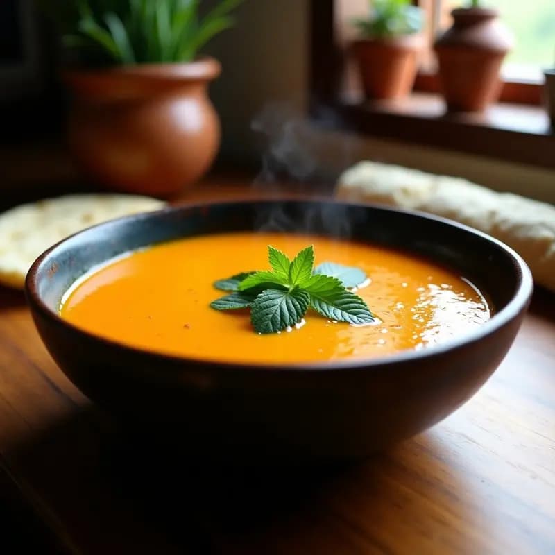 Plato hondo de barro con sopa cremosa de miscotera y calabaza, color dorado intenso, decorada con hojas de cilantro verde y rodajas de limón. Fondo rústico con textura de madera y luz cálida, resaltando los tropezones de calabaza y el brillo del aceite de coco.