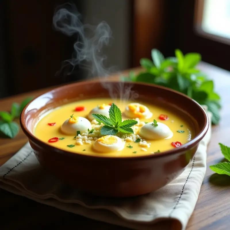 Plato hondo de barro con sopa de miscua paraguaya, espesa y cremosa, decorada con huevos de codorniz, queso fresco desmenuzado y hojas frescas de hierbabuena. Fondos de verduras y especias visibles.