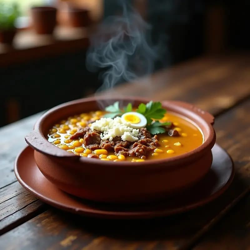 Olla de barro humeante con sopa de miscua ipana paraguaya, espesa y dorada, llena de granos de maíz tierno, trozos de carne desmenuzada y un toque de queso rallado. Acompañada de huevo duro picado y decorada con hojas de cilantro fresco sobre fondo rústico de madera.