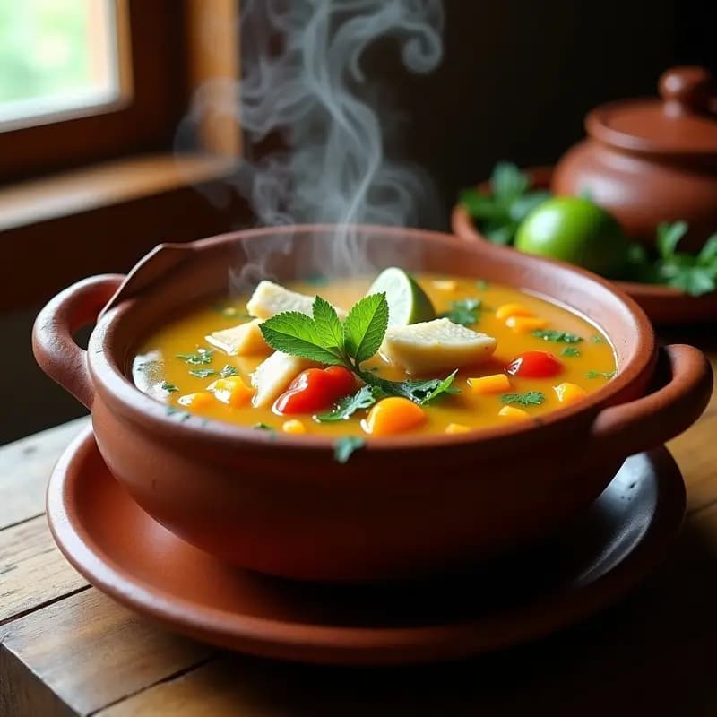 Olla de barro humeante con sopa de miscua peruana, caldo dorado de pescado con trozos de merluza, yuca, camote y hierbas frescas como cilantro y huacatay, servida en un plato hondo rústico con rodajas de limón.