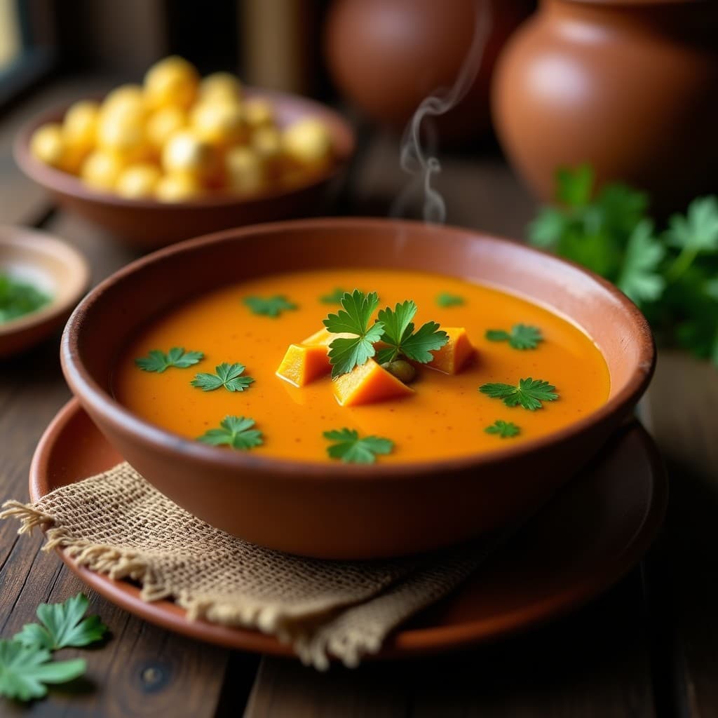 Sopa espesa de misero y calabaza en un bowl de barro, con trozos de calabaza y hierbas frescas flotando, servida sobre una mesa rústica de madera con un fondo de cocina tradicional ecuatoriana.