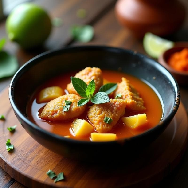Plato hondo de cerámica negra con Sopa de Mishe en Airfryer, mostrando trozos dorados de mishe, yuca, y un caldo aromático de color ámbar con hierbas frescas. Receta tradicional peruana con Aji Panca y Huacatay.