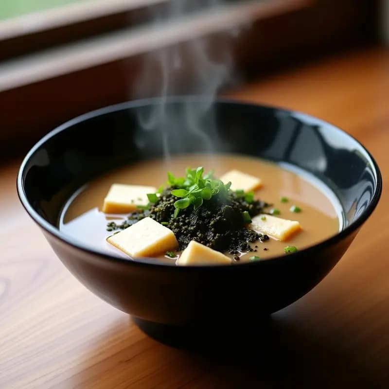 Cuenco de cerámica negra con sopa de miso humeante, tofu sedoso en cubos, algas wakame y cebolleta verde picada, decorada con semillas de sésamo negro y un hilo de aceite de sésamo.