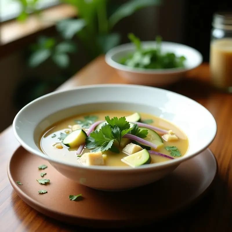 Cuenco hondo de cerámica blanca con sopa de miso cremosa, trozos de calabacín verde, tofu sedoso desmenuzado y cilantro fresco picado. Fondo de mesa de madera con rodajas de limón y chile rojo al lado. Receta tailandesa detox.