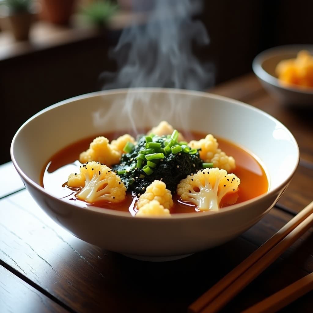 Cuenco de cerámica blanca con sopa de miso humeante, trozos de coliflor asada dorada, cubos de tofu sedoso, algas wakame y semillas de sésamo, decorado con cebolla verde picada. Receta de sopa de miso con coliflor al airfryer.