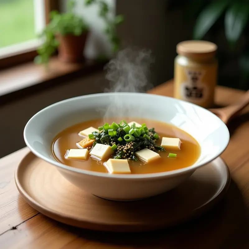 Bol de cerámica blanca con sopa de miso vegana humeante, algas wakame rehidratadas, cubos de tofu, cebollino picado y semillas de sésamo tostadas, sobre fondo de madera rústica.