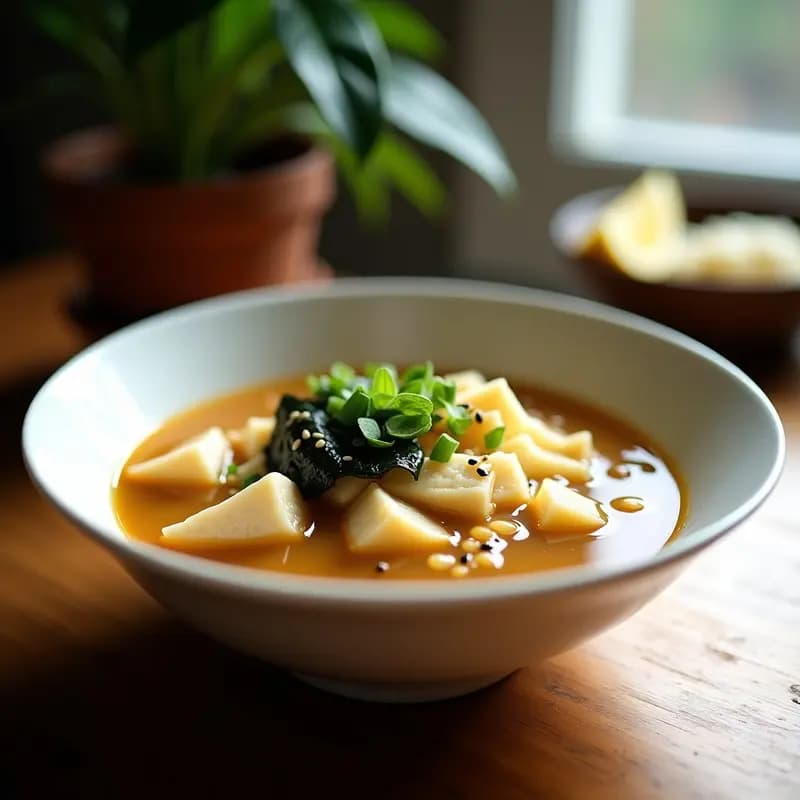 Cuenco blanco hondo con sopa de miso humeante, fideos de arroz integral, cubos de tofu, algas wakame y cebollino fresco, servida sobre una mesa de madera con fondo neutro. Receta japonesa vegana con toque de yuzu.