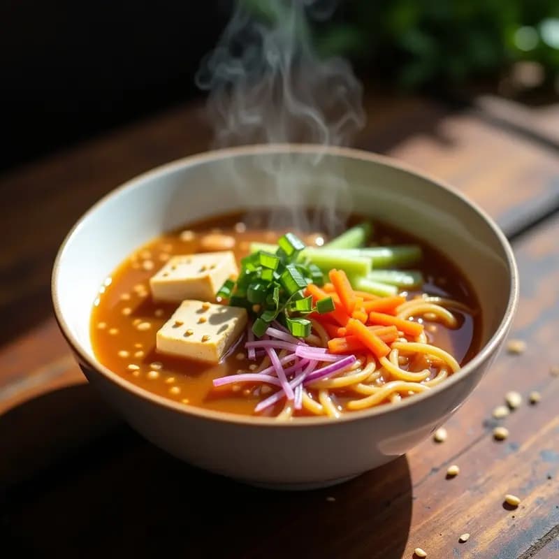 Cuenco hondo de cerámica blanca con sopa de miso caliente, fideos de lenteja roja, cubos de tofu dorado, zanahoria y apio en juliana, decorado con semillas de sésamo y cebollino fresco. Plato vegano y alto en proteína con fondo de madera rústica.