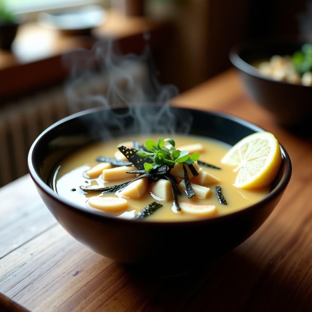 Cuenco de cerámica oscura con sopa de miso de hongos Lion’s Mane neuroprotectora, espumosa y aromática, con trozos de hongos blancos en láminas gruesas, tofu sedoso, algas nori y semillas de sésamo negro. Fondos de cebollino picado y rodaja de limón al lado, servida en mesa de madera rústica.