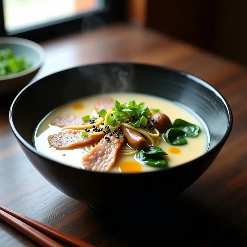 Cuenco de cerámica negra con sopa de miso humeante, fideos integrales, trozos de cochinillo tierno, champiñones shiitake y espinacas, decorado con semillas de sésamo negro y cebollino picado.