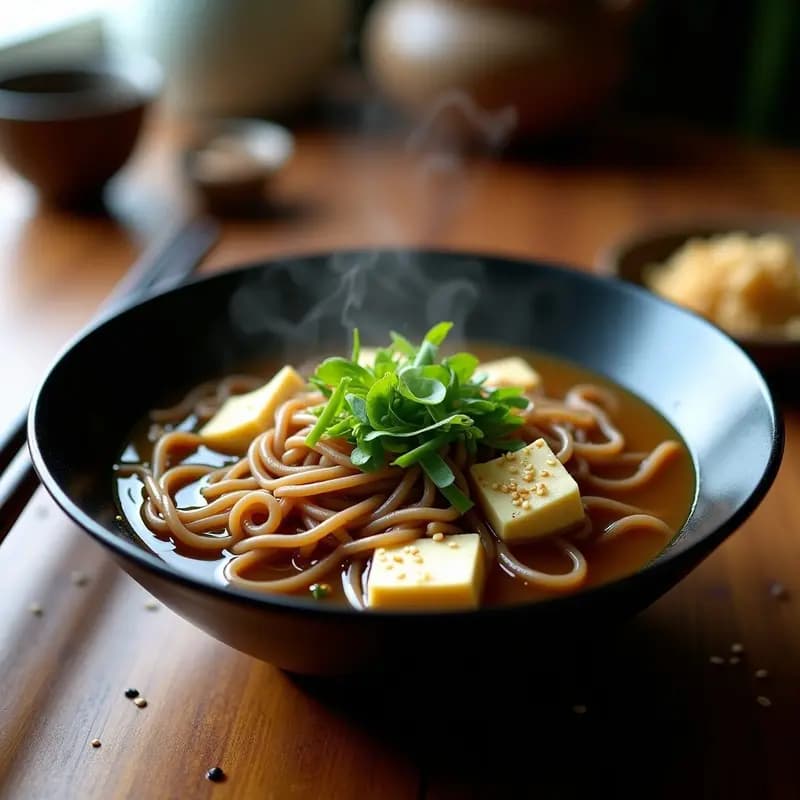 Cuenco negro de cerámica con sopa de miso humeante, pasta soba, cubos de tofu, algas wakame y cebollino picado, decorado con semillas de sésamo. Receta japonesa rápida y vegana.