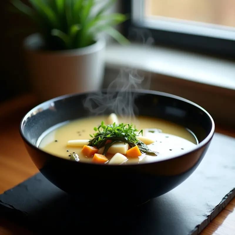Cuenco negro de cerámica con sopa de miso humeante, pastinaca en rodajas, tofu ahumado dorado, algas wakame y semillas de sésamo, receta japonesa alta en proteínas y sin gluten.