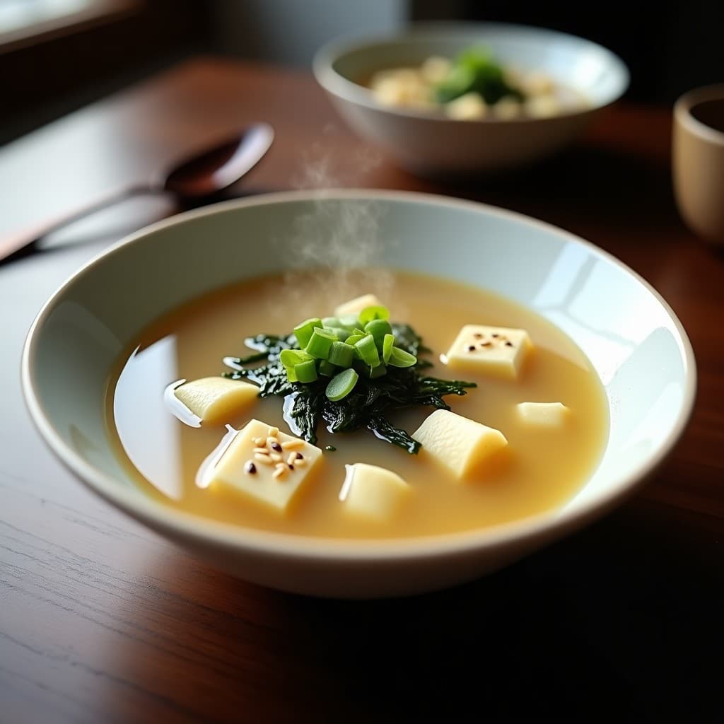 Bowl de cerámica blanca con sopa de miso humeante, trozos de pastinaca, tofu y algas wakame, decorada con cebollino y semillas de sésamo.