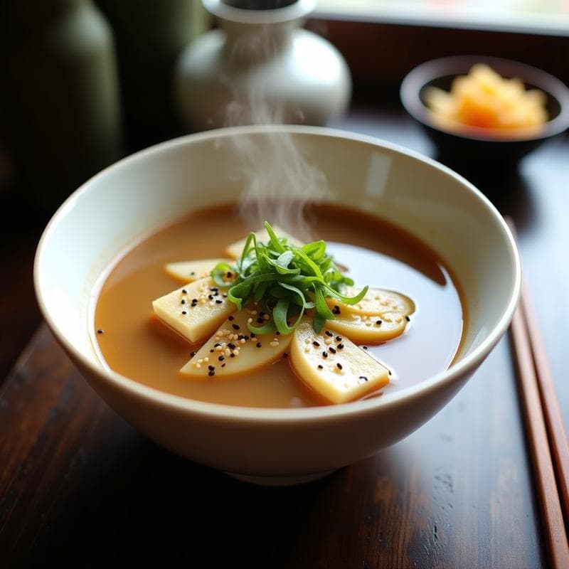 Cuenco hondo de cerámica blanca con sopa de miso y raíz de loto, algas wakame, tofu sedoso y cebollino picado. Plato depurativo japonés servido en olla express, con semillas de sésamo espolvoreadas y aceite de sésamo tostado.
