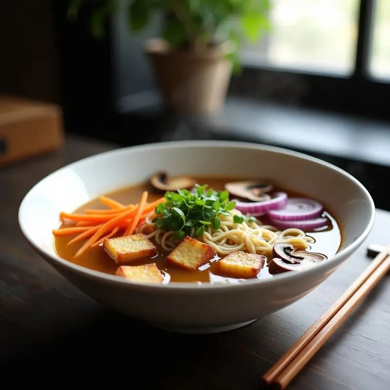 Cuenco hondo de cerámica blanca con sopa de miso ramen vegano, fideos ramen, tofu dorado, setas shiitake, cebolla morada, zanahoria y cebollino fresco, sobre fondo de madera oscura.