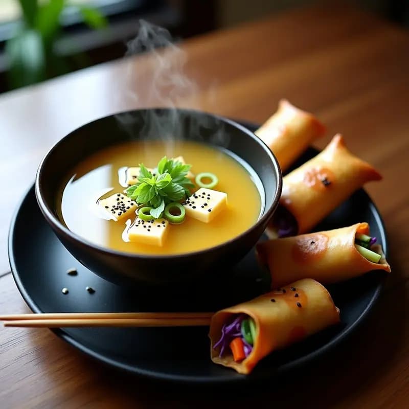 Bowl de sopa de miso humeante con rollitos de primavera veganos cortados por la mitad, decorados con semillas de sésamo y cebolla verde picada.