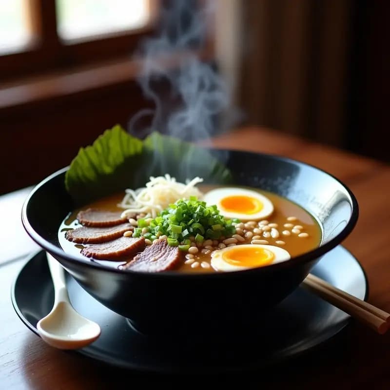 Bowl de ramen japonés con sopa de miso espumosa, ternera tierna, fideos ramen, huevo marinado, brotes de soja y cebollino, servido en cuenco negro tradicional.