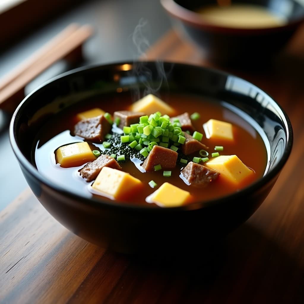 Cuenco de cerámica negra con sopa de miso humeante, trozos de ternera tierna, tofu dorado, algas wakame y cebollino, receta olla express umami.