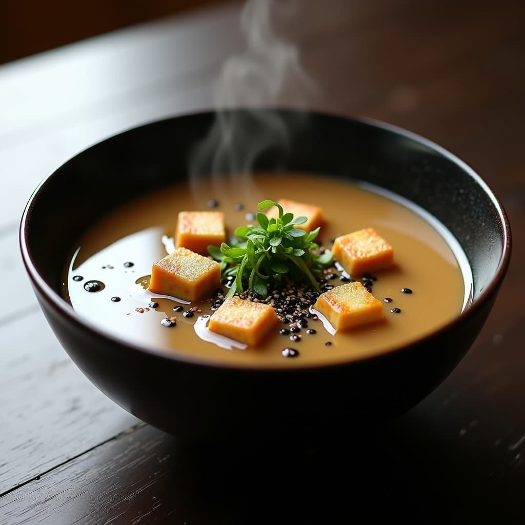 Cuenco de cerámica negra con sopa de misos humeante, trozos de tofu ahumado dorado, algas wakame verdes y cebollino fresco, decorado con semillas de sésamo negro sobre fondo de madera rústica.