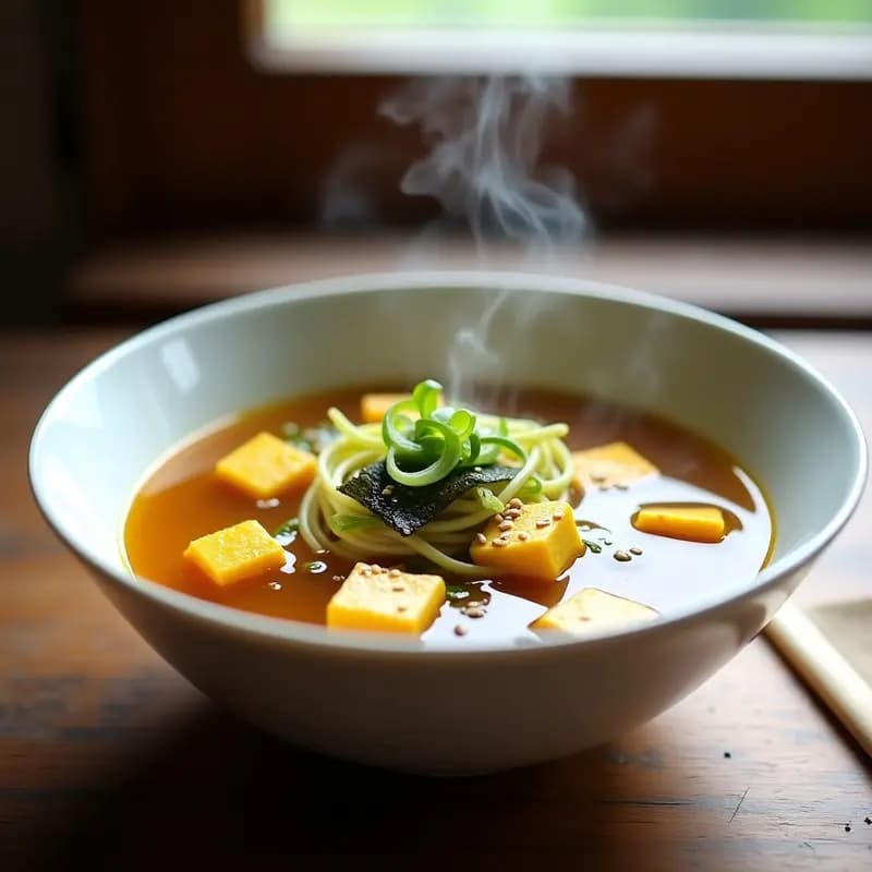 Bol de cerámica blanca con sopa de miso humeante, tofu dorado marinado en cúrcuma, espaguetis de calabacín verdes y decoración de semillas de sésamo y cebollino fresco. Plato vegano y depurativo japonés.