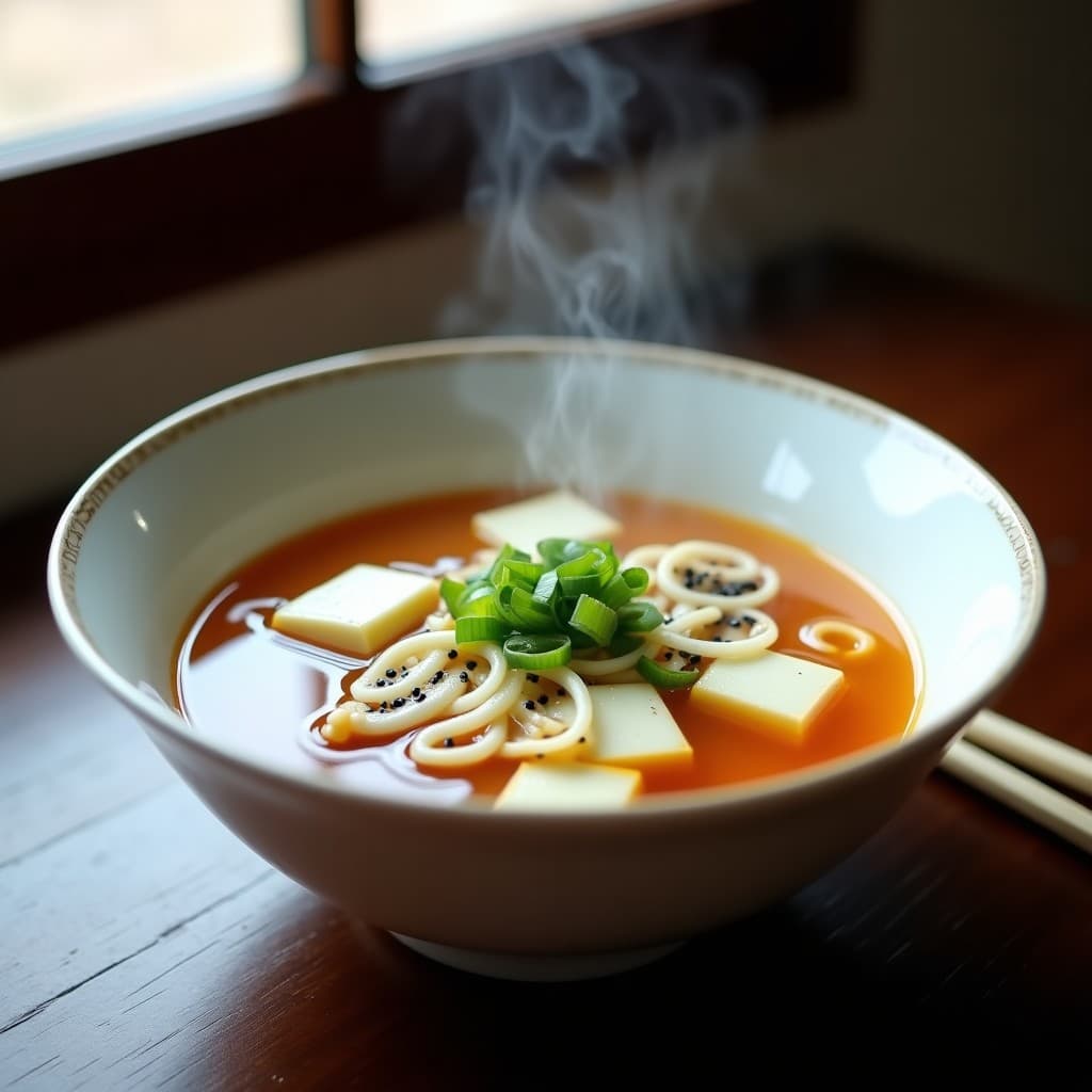 Cuenco de cerámica blanca con sopa de misho humeante, trozos de tofu sedoso, hongos enoki blancos, rodajas de raíz de loto y semillas de sésamo negro. Receta japonesa desintoxicante en 10 minutos.