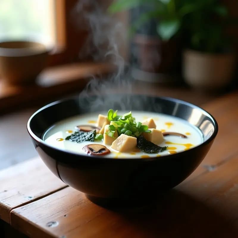 Cuenco de cerámica negra con sopa de misoz humeante, tofu en cubos dorados, hongos shiitake en láminas y algas nori en tiras, decorado con cebollino fresco y aceite de sésamo, sobre fondo de madera rústica.