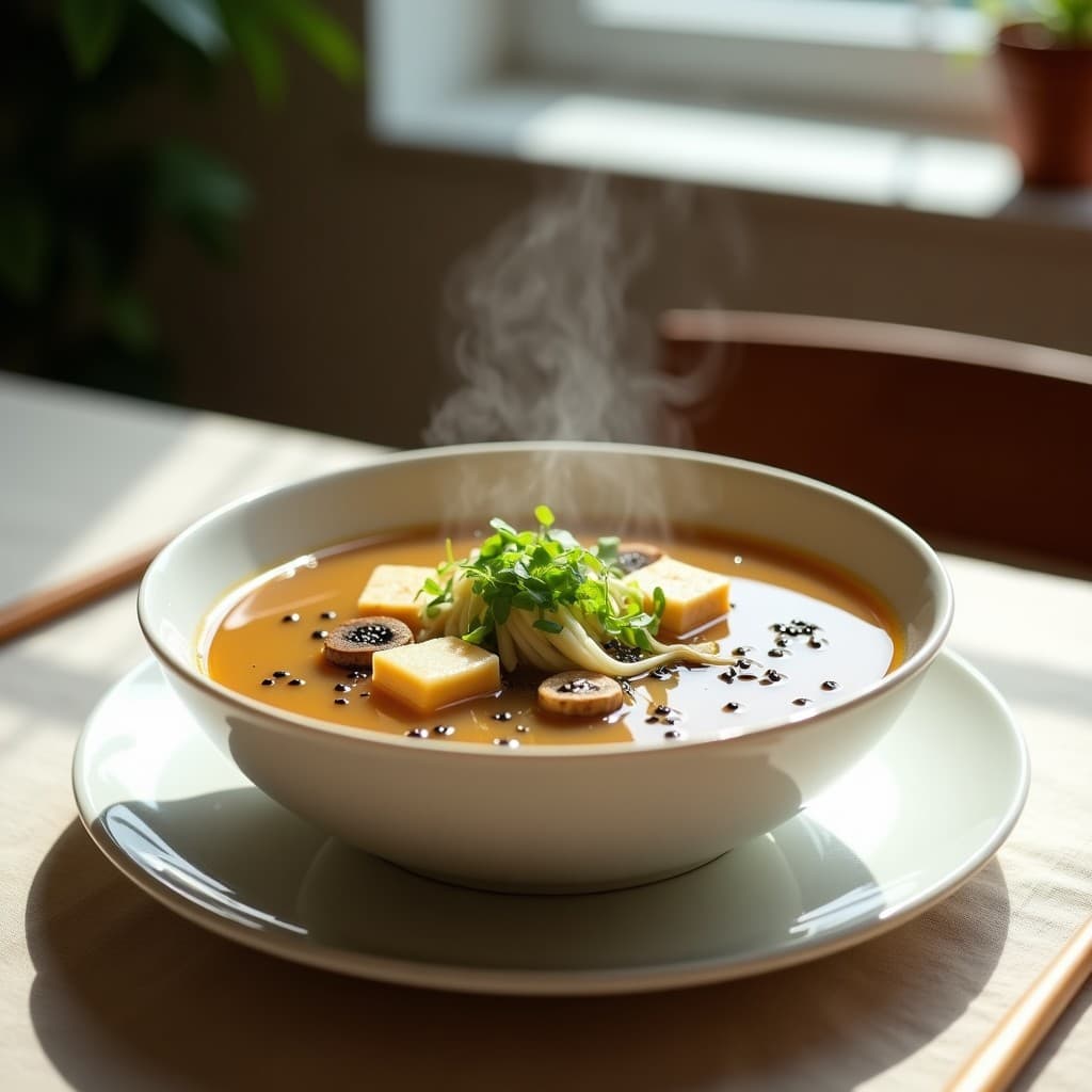 Cuenco de cerámica blanca con sopa de miso humeante, tofu sedoso en cubos, setas enoki enteras y alga wakame, decorado con cebollino picado y semillas de sésamo negro. Fondo minimalista con mantel de lino beige.