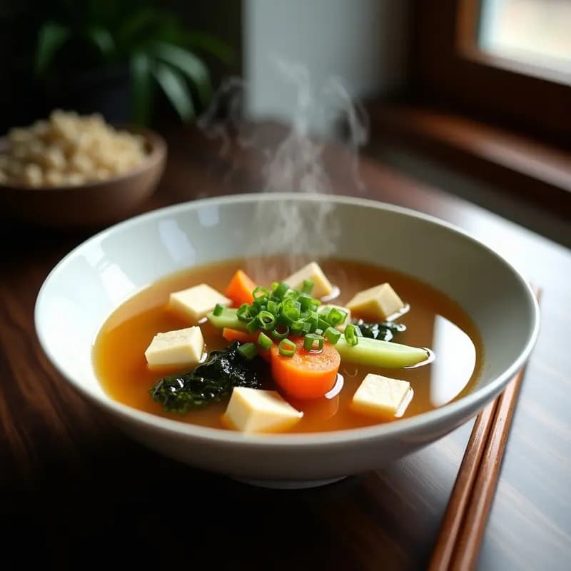 Cuenco de cerámica blanca con sopa de miso humeante, tofu sedoso en cubos, algas wakame, zanahoria, puerro y champiñones shiitake, decorada con cebollino y semillas de sésamo.