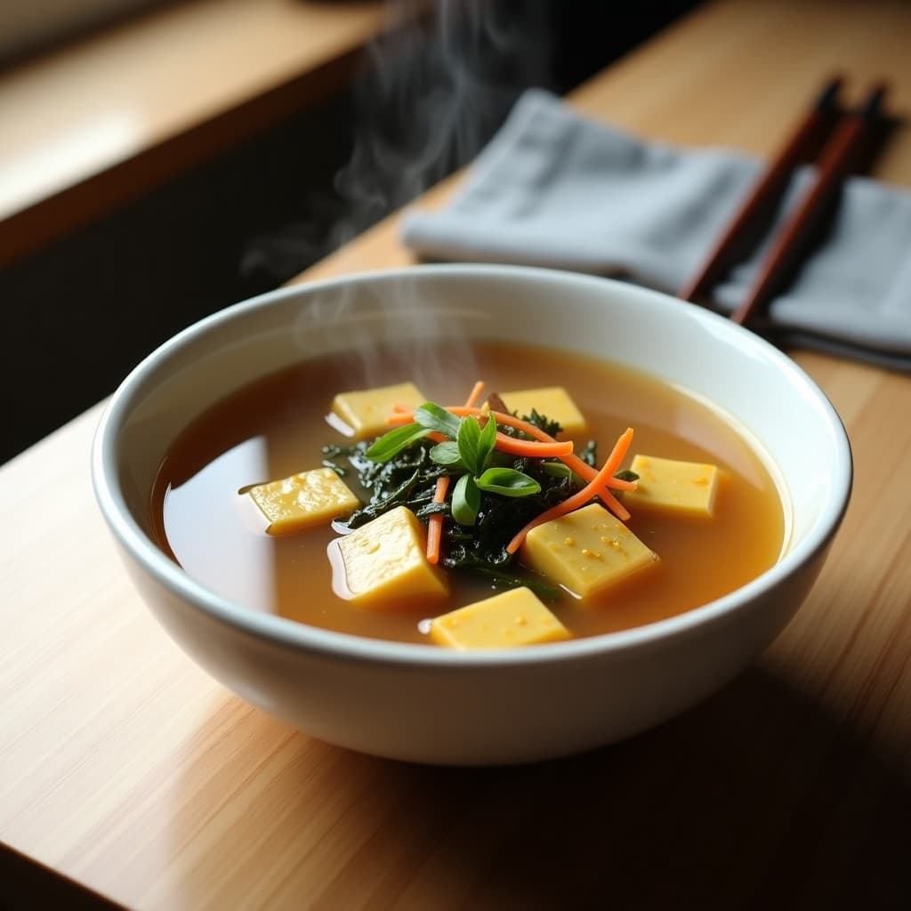 Cuenco hondo de cerámica blanca con sopa de miso humeante, cubos de tofu dorado, tiras de alga wakame verde oscuro y rodajas de zanahoria. Decoración con cebollino fresco y semillas de sésamo. Fondo de madera clara y mantel individual gris.