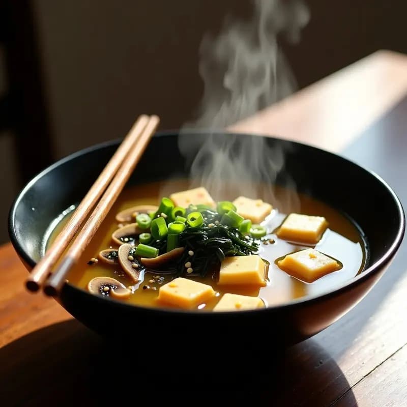 Cuenco de cerámica negra con sopa de miso vegana humeante, tofu sedoso en cubos, láminas de shitake y algas wakame, decorado con cebollino y semillas de sésamo sobre fondo de madera oscura.