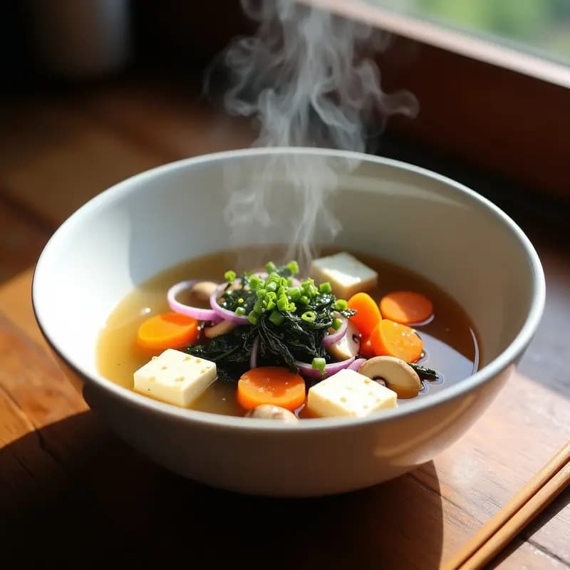 Cuenco de cerámica blanca con sopa de miso humeante, vegetales coloridos, tofu sedoso y algas wakame, servida en mesa de madera con palillos. Receta vegana en airfryer.