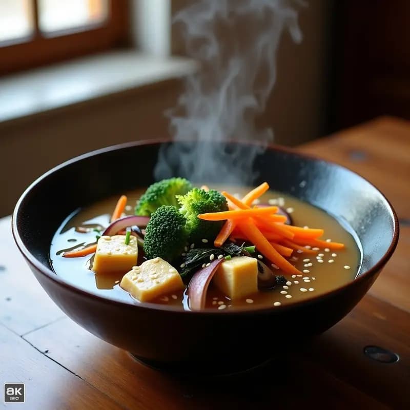 Bowl de cerámica negra con sopa de miso humeante, vegetales coloridos al wok (brócoli, zanahoria, shiitake y cebolla morada), tofu dorado y algas wakame, decorado con semillas de sésamo y cebollino. Receta express de sopa de miso con vegetales al wok.