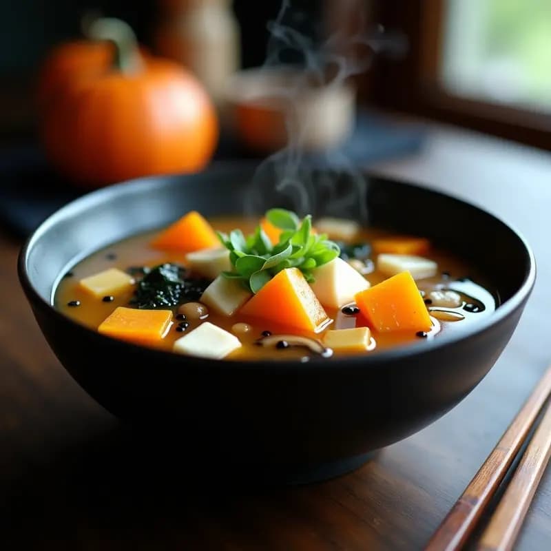 Cuenco hondo de cerámica negra con sopa de miso humeante, calabaza kabocha en cubos, setas shiitake, tofu sedoso y algas wakame, decorado con semillas de sésamo negro y cebollino fresco.
