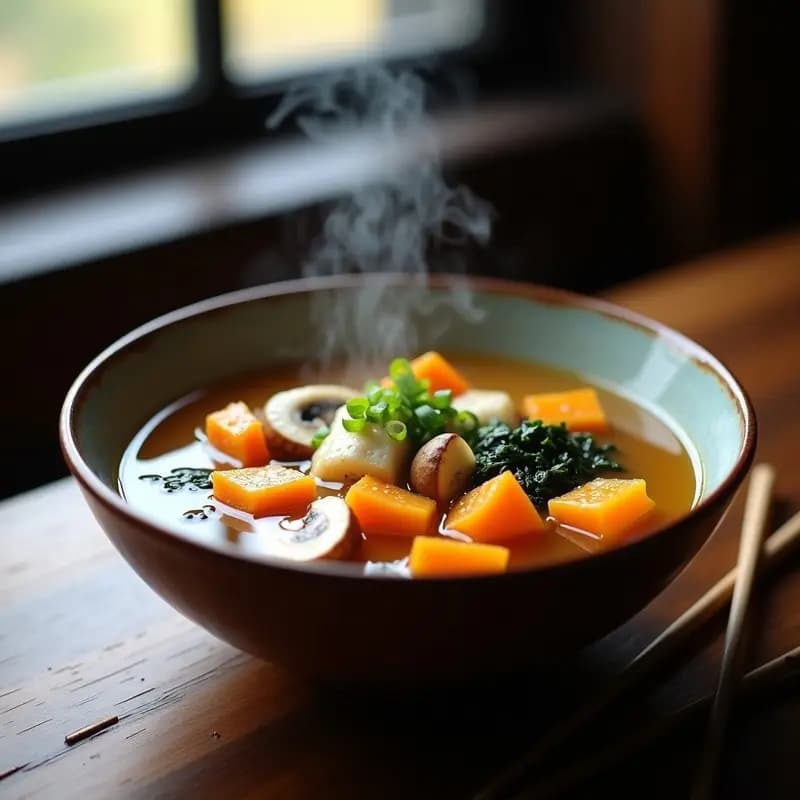 Cuenco de cerámica japonesa con sopa de miso humeante, calabaza kabocha dorada, champiñones shiitake, tofu y algas wakame, decorado con cebollino y semillas de sésamo.