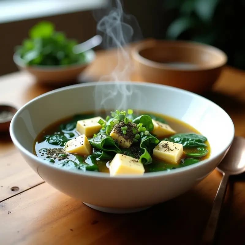 Cuenco de cerámica blanca con sopa de miso humeante, espinacas verdes frescas, cubos de tofu sedoso y algas wakame, espolvoreada con zaatar y cebolla verde. Plato reconfortante y saludable.