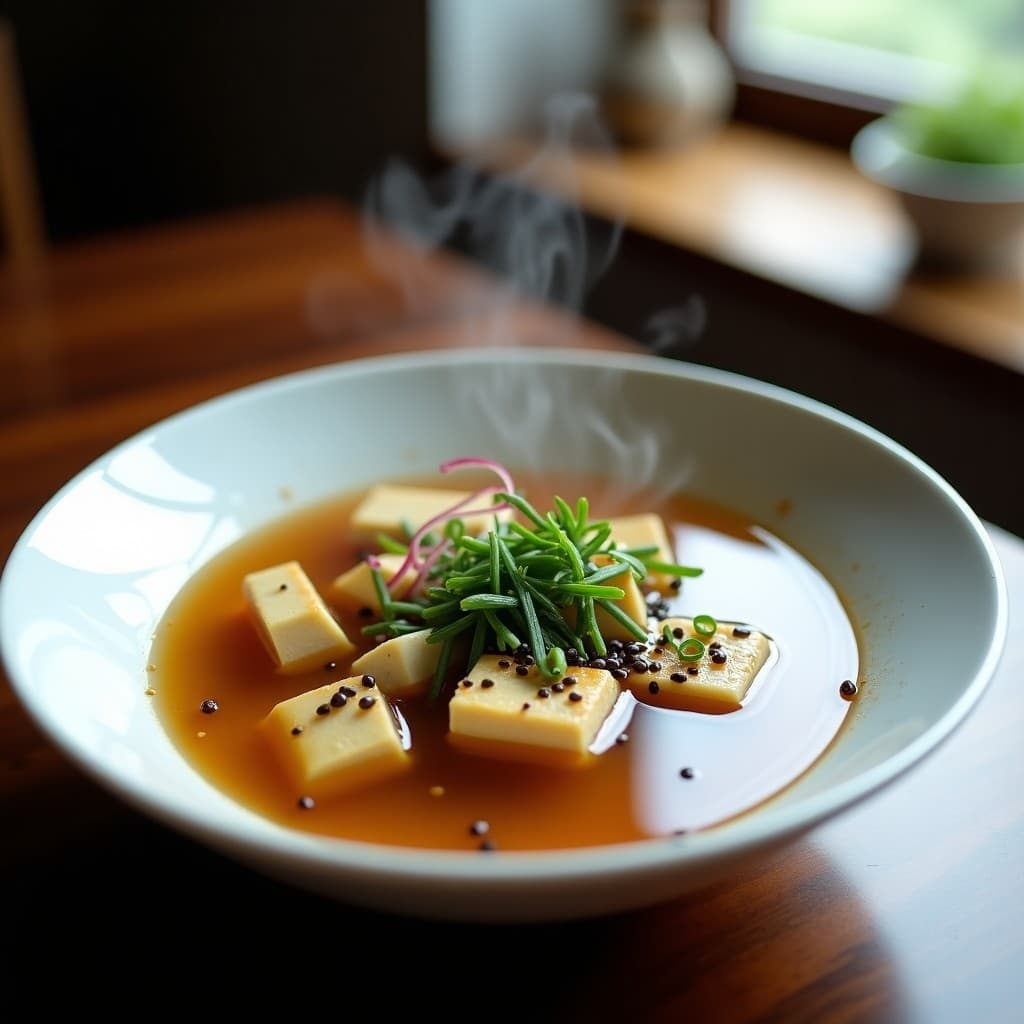 Cuenco hondo de cerámica blanca con sopa de misos humeante, trozos de tofu ahumado dorado, algas wakame verdes, germinados de rábano frescos y semillas de sésamo negro. Plato japonés reconfortante para el sistema inmunológico, servido con cebollino picado.