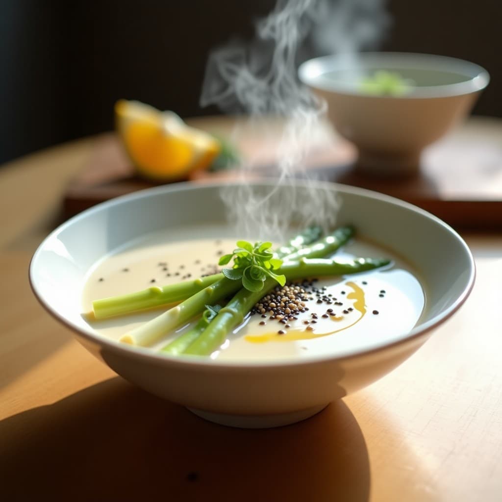 Cuenco de cerámica blanca con sopa de misoshi cremosa y espárragos blancos tiernos, decorada con semillas de sésamo negro, cebollino picado y un hilo de aceite de sésamo, sobre fondo de madera clara.