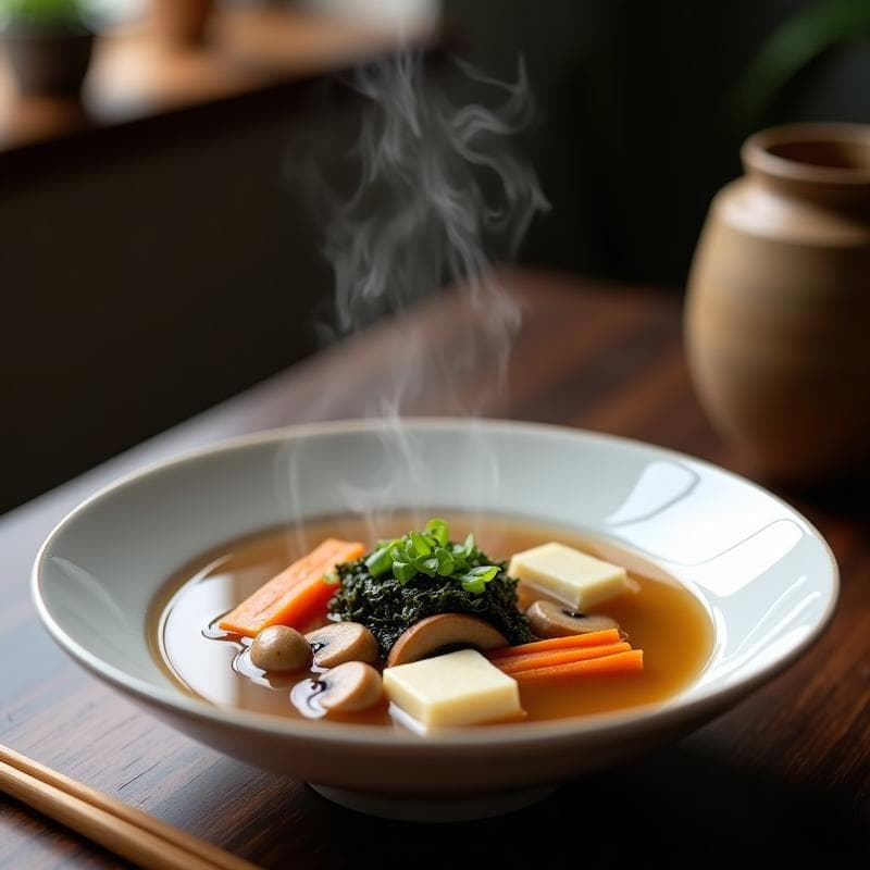Cuenco de cerámica blanca con sopa de misoshiro humeante, setas shiitake rehidratadas, tofu en cubos y algas wakame, decorada con cebollino fresco picado. Plato típico japonés en olla exprés.