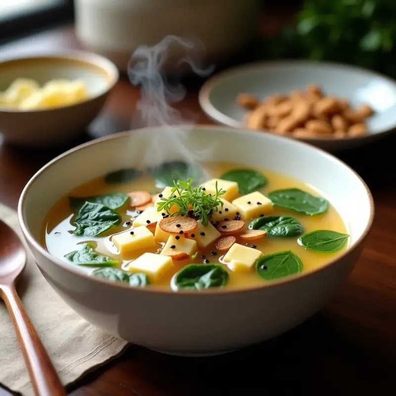 Cuenco de cerámica blanca con sopa de misoshiru humeante, trozos de tofu dorado, almendras tostadas, espinacas verdes y alga nori. Decoración con semillas de sésamo negro y chorrito de aceite de sésamo. Plato tradicional japonés vegano rico en hierro.