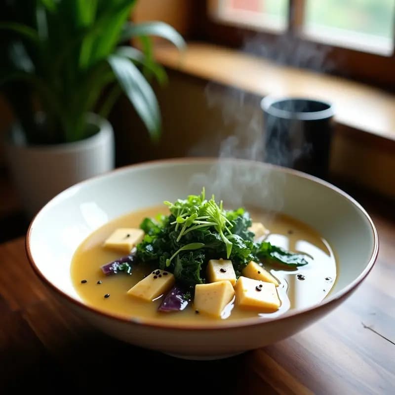Cuenco de cerámica blanca con sopa Misoshiru humeante, col rizada de color verde intenso, cubos de tofu sedoso y semillas de sésamo tostadas. Decoración con cebollino picado y hilo de aceite de sésamo sobre fondo de madera oscura.