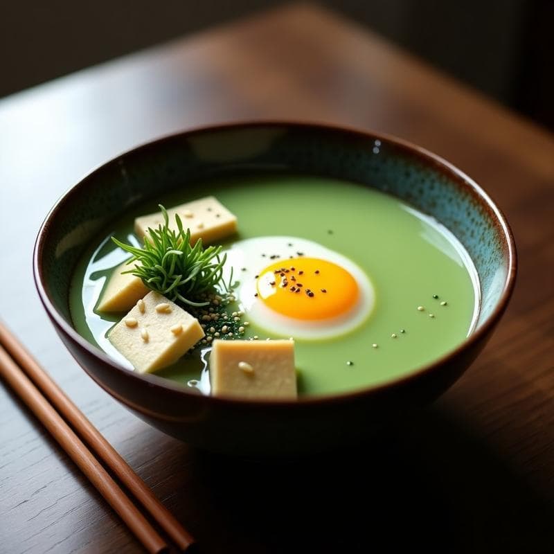 Cuenco hondo de cerámica blanca con sopa de misoshiru de color verde claro por la espirulina, trozos de tofu, algas wakame y un huevo pochè en el centro. Decorado con sésamo tostado y cebollino picado. Plato tradicional japonés alto en proteína.