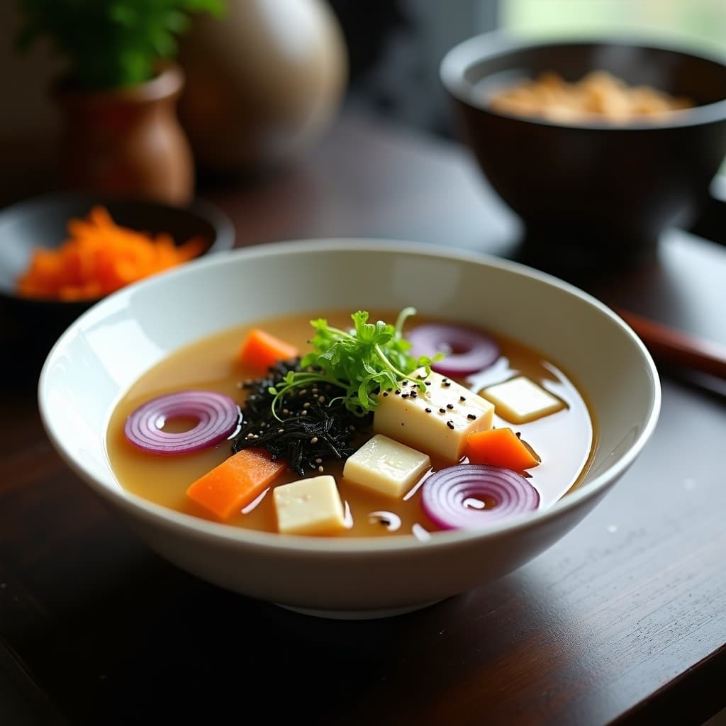 Cuenco de cerámica blanca con sopa de misoshiru humeante, hongo reishi en láminas, tofu en cubos, algas wakame y semillas de sésamo negro. Fondos de cebollino picado y aceite de sésamo brillante. Plato de cocina japonesa inmunoestimulante en olla express.