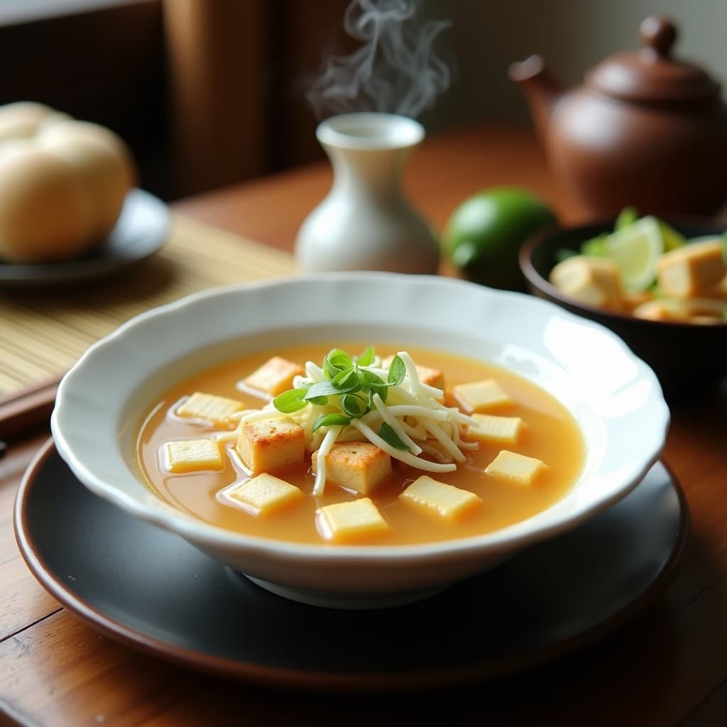 Cuenco de cerámica blanca con sopa de misoshiru humeante, tofu sedoso en cubos, zest de limón amarillo brillante y semillas de sésamo negro. Decorada con cebollino fresco y un hilo de aceite de sésamo. Fondo de madera clara con utensilios japoneses tradicionales.