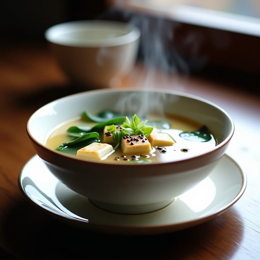 Cuenco hondo de cerámica blanca con sopa de misoshiru humeante, trozos de tofu sedoso, espinacas baby y algas wakame, decorada con semillas de sésamo negro y cebollino picado, sobre fondo de madera oscura.